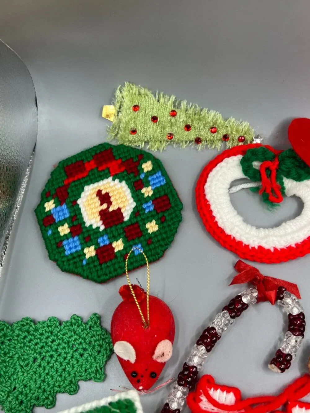 christmas ornaments handmade kitshy lot of 19 crochet yarn canvas 80s